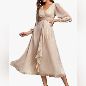 Ever Pretty - Cream V-Neck Bishop Sleeve Dress
